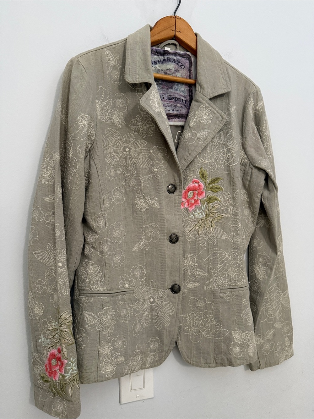 Gray Embroidered Floral Blazer Jacket with Pink Accents Cottagecore Feminine